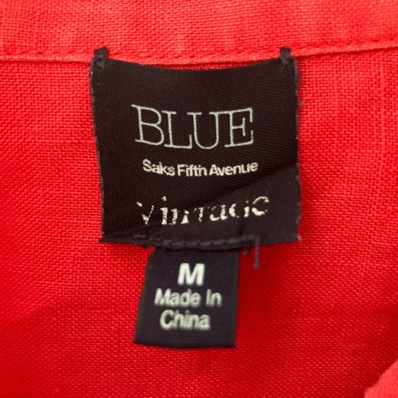 BLUE 100% Linen Saks Fifth Avenue Vintage Roll Tab Sleeve Button Down Blouse M - Picture 3 of 5